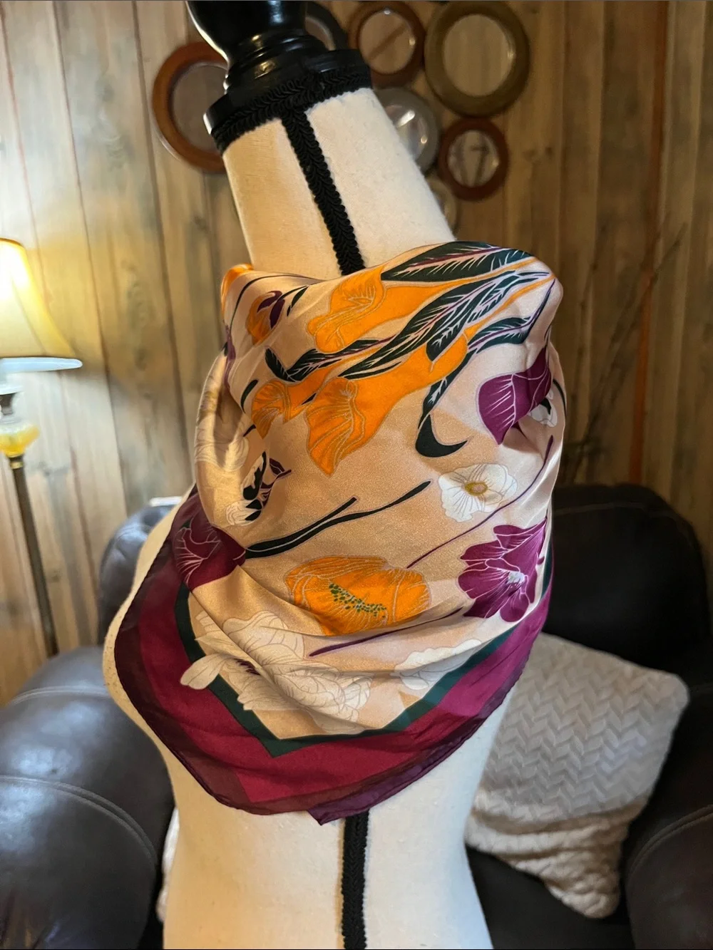 Satiny Scarf 27x 27 E1-Orange Purple Hundred Flowers Feminine Classic Floral